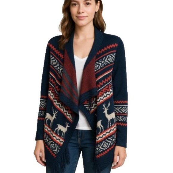 Pink Owl Sweaters - Pink Owl Navy Aztec Reindeer Fringe Open Front Cardigan Sweater Size Small